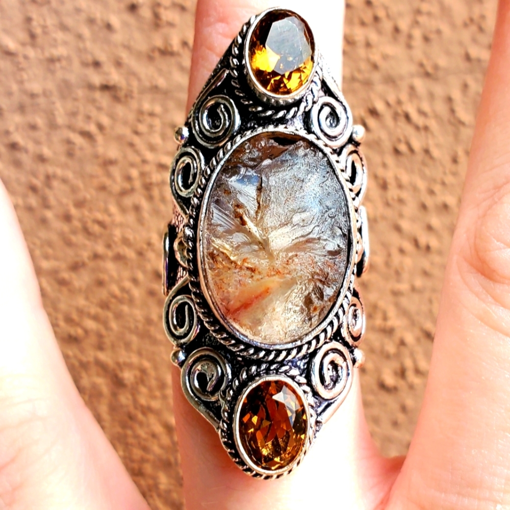 New Rough Golden Rutile and Citrine 925 Silver Statement Ring.